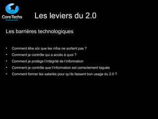 Les barrières technologiques Comment être sûr que les infos ne sortent pas ? Comment je contrôle qui a accès à quoi ? Comment je protège l’intégrité de l’information Comment je contrôle que l’information est correctement taguée Comment former les salariés pour qu’ils fassent bon usage du 2.0 ? Les leviers du 2.0 