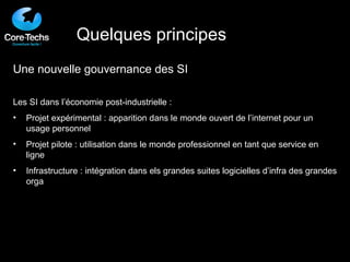 Une nouvelle gouvernance des SI Les SI dans l’économie post-industrielle : Projet expérimental : apparition dans le monde ouvert de l’internet pour un usage personnel Projet pilote : utilisation dans le monde professionnel en tant que service en ligne Infrastructure : intégration dans els grandes suites logicielles d’infra des grandes orga Quelques principes 
