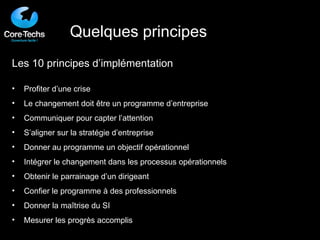 Les 10 principes d’implémentation Profiter d’une crise Le changement doit être un programme d’entreprise Communiquer pour capter l’attention S’aligner sur la stratégie d’entreprise Donner au programme un objectif opérationnel Intégrer le changement dans les processus opérationnels Obtenir le parrainage d’un dirigeant Confier le programme à des professionnels Donner la maîtrise du SI Mesurer les progrès accomplis Quelques principes 