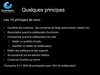 Les 10 principes de suivi Coordiner les initiatives : des centaines de blogs destructurés n’aident rien Reconnaître quand la collaboration fonctionne Comprendre quand la collaboration est utile: Etablir un portfolio d’outils Identifier un leader de collaboration Etablir des politiques et des supports Se concentrer sur les besoins métiers Conserver l’humain au centre “ Entreprise 2.0 = 80% de participation pour 20% de collaboration “. Quelques principes 