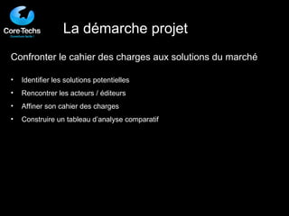 Confronter le cahier des charges aux solutions du marché Identifier les solutions potentielles Rencontrer les acteurs / éditeurs Affiner son cahier des charges Construire un tableau d’analyse comparatif La démarche projet 
