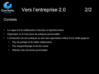 Constats La vague 2.0 et collaborative n’est plus un épiphénomène Cependant, le 2.0 est issue de pratiques personnelles L’introduction de ces pratiques au sein des organisation relève d’une réelle gageure : Peu de partage et de réelle collaboration Peu d’apprentissage et de lien social Maintien des structures pyramidales Vers l’entreprise 2.0  2/2 