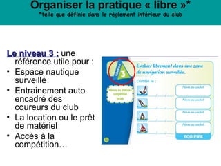 Organiser la pratique « libre »*
        *telle que définie dans le règlement intérieur du club




Le niveau 3 : une
  référence utile pour :
• Espace nautique
  surveillé
• Entrainement auto
  encadré des
  coureurs du club
• La location ou le prêt
  de matériel
• Accès à la
  compétition…
 