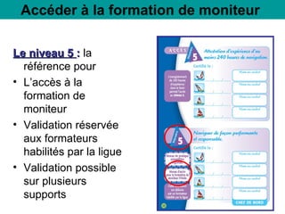 Accéder à la formation de moniteur

Le niveau 5 : la
  référence pour
• L’accès à la
  formation de
  moniteur
• Validation réservée
  aux formateurs
  habilités par la ligue
• Validation possible
  sur plusieurs
  supports
 