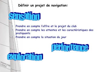 Définir un projet de navigation:




• Prendre en compte l’offre et le projet du club
• Prendre en compte les attentes et les caractéristiques des
  pratiquants
• Prendre en compte la situation du jour
 