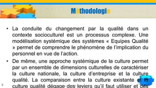Méthodologie
• La conduite du changement par la qualité dans un
contexte socioculturel est un processus complexe. Une
modélisation systémique des systèmes « Equipes Qualité
» permet de comprendre le phénomène de l’implication du
personnel en vue de l’action.
• De même, une approche systémique de la culture permet
par un ensemble de dimensions culturelles de caractériser
la culture nationale, la culture d’entreprise et la culture
qualité. La comparaison entre la culture existante et la
culture qualité dégage des leviers qu’il faut utiliser et desLa gestion de la qualité9
 