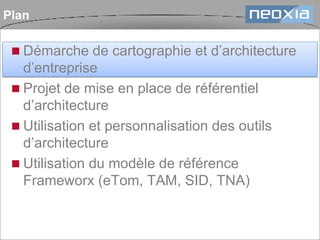 Plan
 Démarche de cartographie et d’architecture

d’entreprise
 Projet de mise en place de référentiel
d’architecture
 Utilisation et personnalisation des outils
d’architecture
 Utilisation du modèle de référence
Frameworx (eTom, TAM, SID, TNA)

 