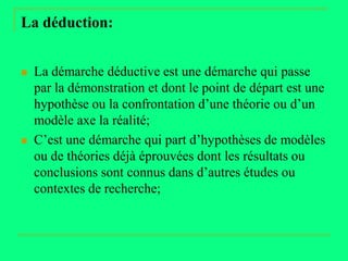 La déduction:


   La démarche déductive est une démarche qui passe
    par la démonstration et dont le point de départ est une
    hypothèse ou la confrontation d’une théorie ou d’un
    modèle axe la réalité;
   C’est une démarche qui part d’hypothèses de modèles
    ou de théories déjà éprouvées dont les résultats ou
    conclusions sont connus dans d’autres études ou
    contextes de recherche;
 