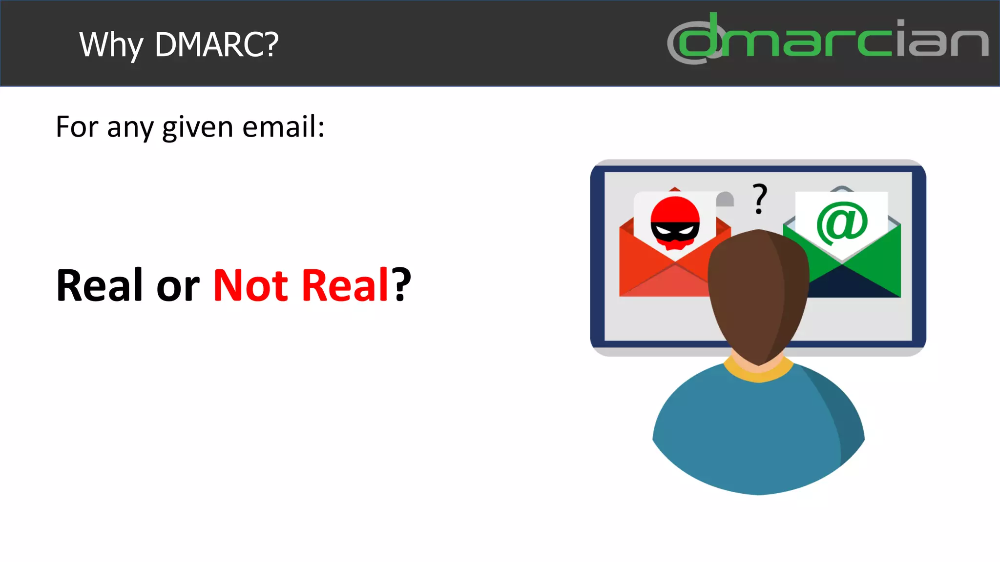 For any given email:
Real or Not Real?
Why DMARC?
 