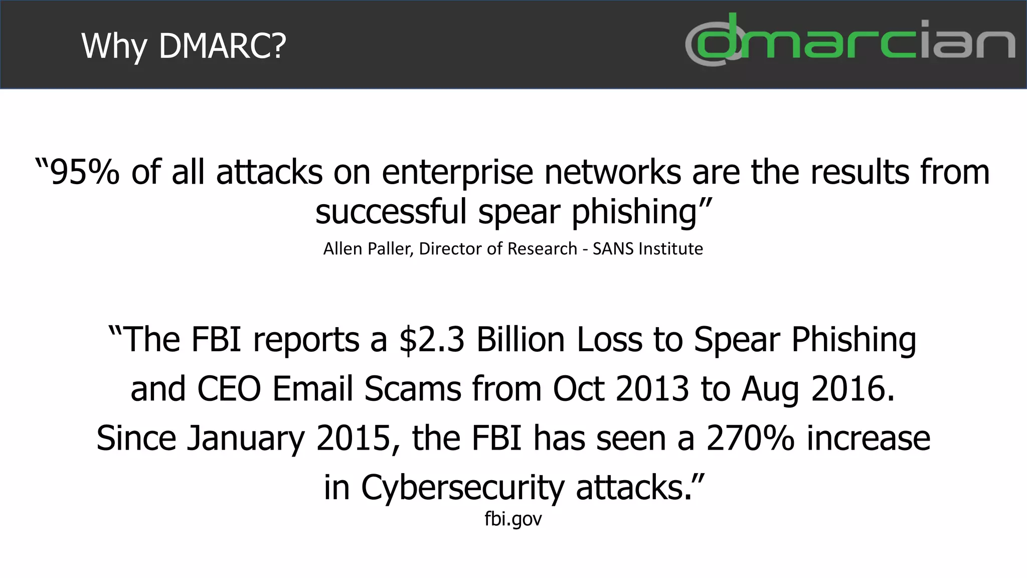 “95% of all attacks on enterprise networks are the results from
successful spear phishing”
Allen Paller, Director of Research - SANS Institute
“The FBI reports a $2.3 Billion Loss to Spear Phishing
and CEO Email Scams from Oct 2013 to Aug 2016.
Since January 2015, the FBI has seen a 270% increase
in Cybersecurity attacks.”
fbi.gov
Why DMARC?
 