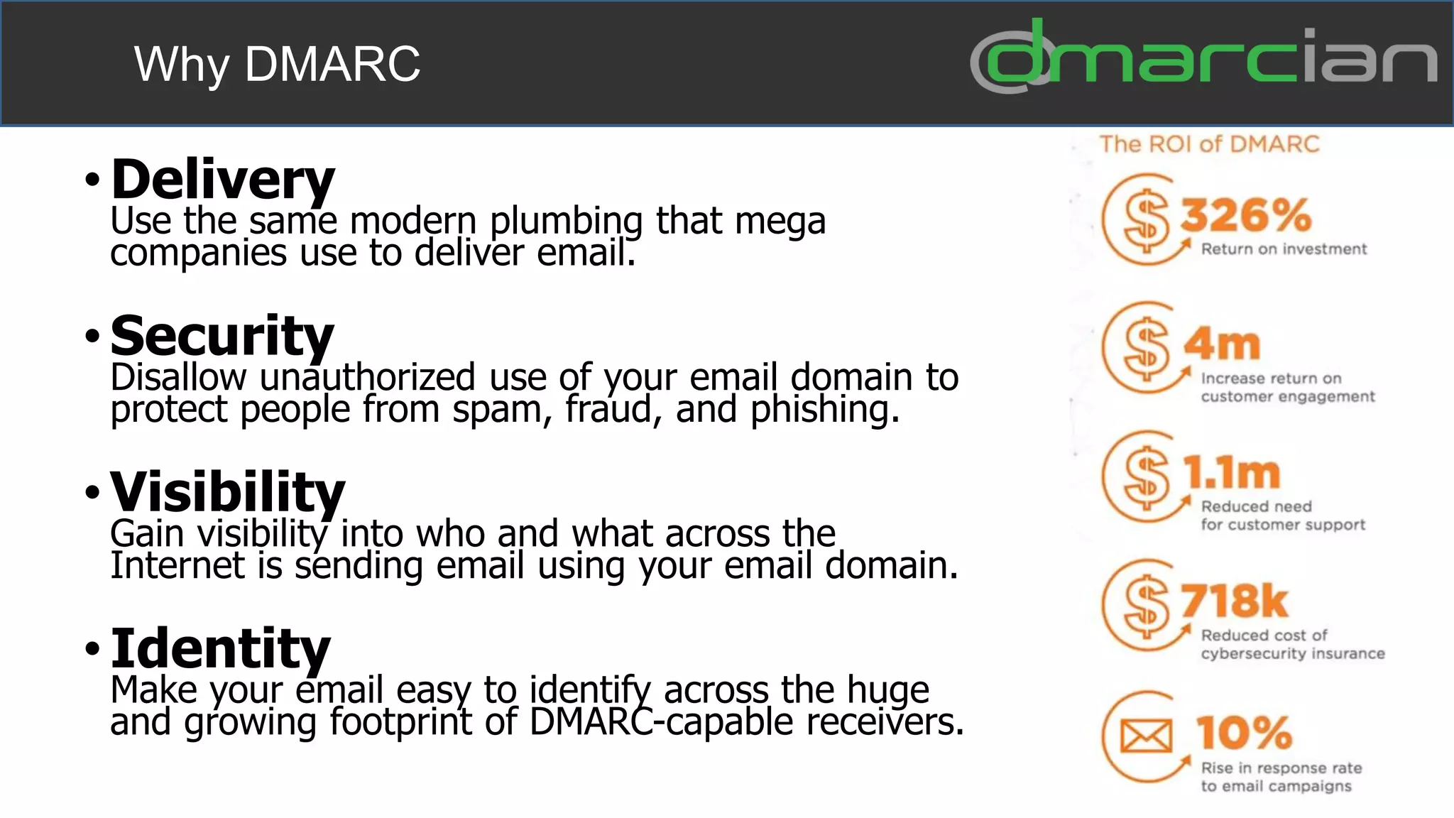 Why DMARC
• Delivery
Use the same modern plumbing that mega
companies use to deliver email.
• Security
Disallow unauthorized use of your email domain to
protect people from spam, fraud, and phishing.
• Visibility
Gain visibility into who and what across the
Internet is sending email using your email domain.
• Identity
Make your email easy to identify across the huge
and growing footprint of DMARC-capable receivers.
 