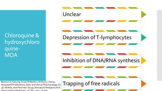 Chloroquine &
hydroxychloro
quine-
MOA
Unclear
Depression ofT-lymphocytes
Inhibition of DNA/RNA synthesis
Trapping of free radicalsBertram G.Katzung, Susan B.Masters, Anthony J.Trevor,
McGrawHill Publications, Basic and clinical Pharmacology, Ch.
36, NSAIDs,Antirheumatic Drugs, Nonopioid AnelgesicsAnd
th
 