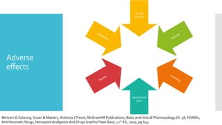 Adverse
effects
Ocular
toxicity
Abdominal
pain
Bertram G.Katzung, Susan B.Masters, Anthony J.Trevor, McGrawHill Publications, Basic and clinical Pharmacology,Ch. 36, NSAIDs,
Antirheumatic Drugs, Nonopioid Anelgesics And Drugs Used toTreat Gout, 12th Ed., 2012, pg 643
 