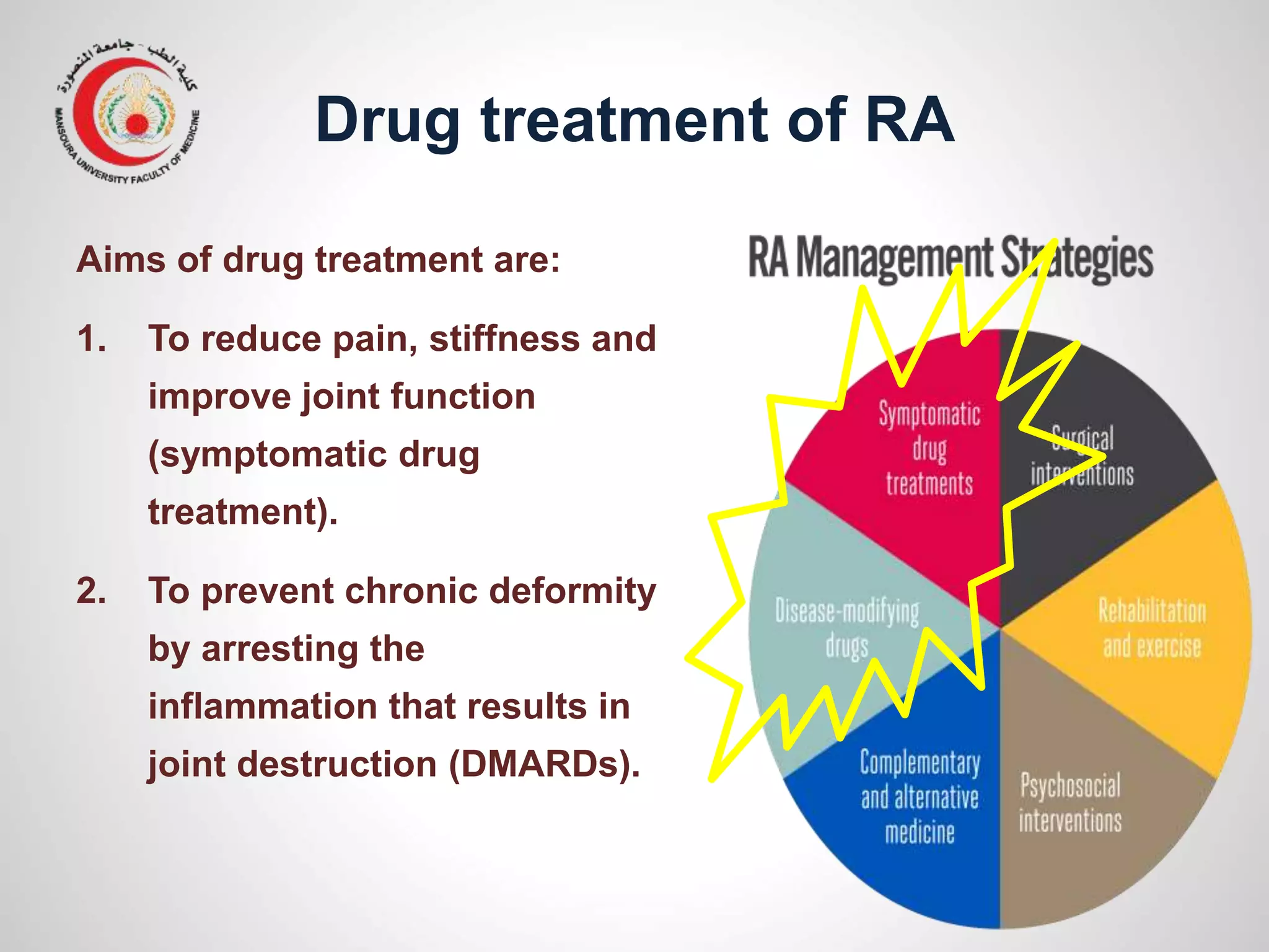 Drug treatment of RA
Aims of drug treatment are:
1. To reduce pain, stiffness and
improve joint function
(symptomatic drug
treatment).
2. To prevent chronic deformity
by arresting the
inflammation that results in
joint destruction (DMARDs).
 