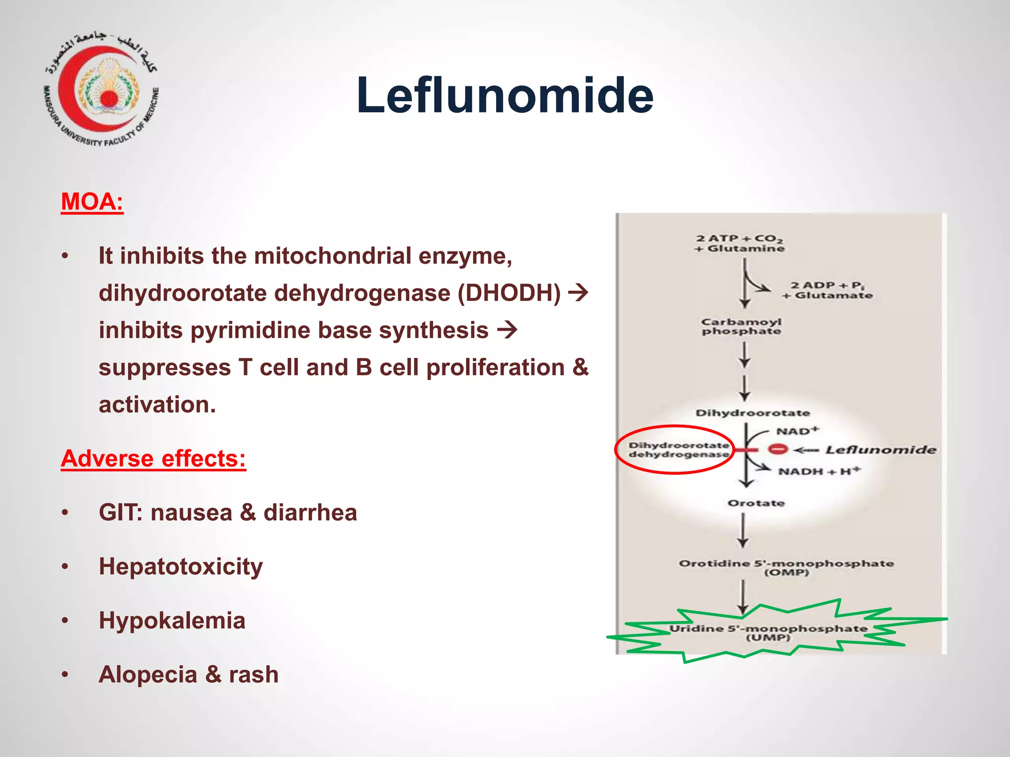 Leflunomide
MOA:
• It inhibits the mitochondrial enzyme,
dihydroorotate dehydrogenase (DHODH) 
inhibits pyrimidine base synthesis 
suppresses T cell and B cell proliferation &
activation.
Adverse effects:
• GIT: nausea & diarrhea
• Hepatotoxicity
• Hypokalemia
• Alopecia & rash
 