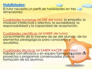Habilidades:El tutor necesita un perfil de habilidades en tres dimensiones:Cualidades humanas (el SER del tutor): la empatía, la madurez intelectual y afectiva, la sociabilidad, la responsabilidad y la capacidad de aceptación. Cualidades científicas (el SABER del tutor): conocimiento de la manera de ser del alumno, de los elementos pedagógicos para conocerlos y ayudarlos. Cualidades técnicas (el SABER HACER del tutor): trabajar con eficacia y en equipo formando parte de proyectos y programas consensuados para la formación de los alumnos.