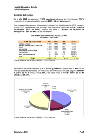 Hospital San José de Chincha
Unidad de Seguros
Demanda de Servicios
En el año 2008, se reportaron 17,411 atenciones, cifra que se incrementó en 37.2%
respecto a la producción del año anterior (2007 – 12,691 atenciones).
Con respecto al incremento de las atenciones por Plan de Afiliación del 2008, respecto
al año 2007, observamos que el mayor crecimiento se dio en el Plan E “Adultos
focalizados (más de 900%), seguido del Plan D, “Adultos en situación de
emergencia” con un 147.2 % de incremento
SIS: ATENCIONES POR TIPO DE AFILIACION
PERIODO - 2007/2008
PLAN DE AFILIACION 2007 2008 dif % Var
NIÑOS (0-4 AÑOS) 5.245 6.815 1.570 29,9%
NIÑOS Y ADOLESCENTES (DE 5 A17
AÑOS) 1.699 2.006 307 18,1%
GESTANTES 5.618 7.491 1.873 33,3%
ADULTOS EN SITUACION DE
EMERGENCIA 36 89 53 147,2%
ADULTOS FOCALIZADOS 93 1.010 917 986,0%
PLAN F 0 0 0 0,0%
TOTAL 12.691 17.411 4.720 37,2%
Fuente: Base de Datos SIS CENTRAL – HSJ CHINCHA
Así mismo se puede observar que el Plan C (Gestantes), representa el 43.02% del
total de todas las atenciones SIS realizadas en el Hospital San José, seguido del Plan
A (niños de 0 a 4 años), con 39.14%, y en tercer lugar el Plan B (Niños de 5 a 17
años) con 29.68%.
(NIÑOS (0-4 AÑOS
39,14%
NIÑOS Y
ADOLESCENTES (DE 5
A17 AÑOS)
29.68%
GESTANTES
43,02%
ADULTOS EN SITUACION
DE EMERGENCIA
0,51%
ADULTOS
FOCALIZADOS
5,80% PLAN F
0,00%
Fuente: Base de Datos SIS CENTRAL – HSJ CHINCHA
Estadísticas 2008 Pag.5
 