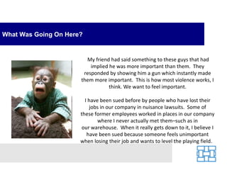 What Was Going On Here?


                        My friend had said something to these guys that had
                          implied he was more important than them. They
                       responded by showing him a gun which instantly made
                      them more important. This is how most violence works, I
                                  think. We want to feel important.

                        I have been sued before by people who have lost their
                          jobs in our company in nuisance lawsuits. Some of
                      these former employees worked in places in our company
                              where I never actually met them–such as in
                       our warehouse. When it really gets down to it, I believe I
                         have been sued because someone feels unimportant
                      when losing their job and wants to level the playing field.
 