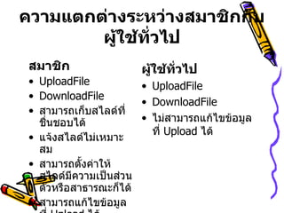 ความแตกต่างระหว่างสมาชิกกับผู้ใช้ทั่วไป สมาชิก UploadFile DownloadFile สามารถเก็บสไลด์ที่ชื่นชอบได้ แจ้งสไลด์ไม่เหมาะสม  สามารถตั้งค่าให้สไลด์มีความเป็นส่วนตัวหรือสาธารณะก็ได้   สามารถแก้ไขข้อมูลที่   Upload   ได้ ผู้ใช้ทั่วไป UploadFile DownloadFile ไม่สามารถแก้ไขข้อมูลที่   Upload   ได้ 