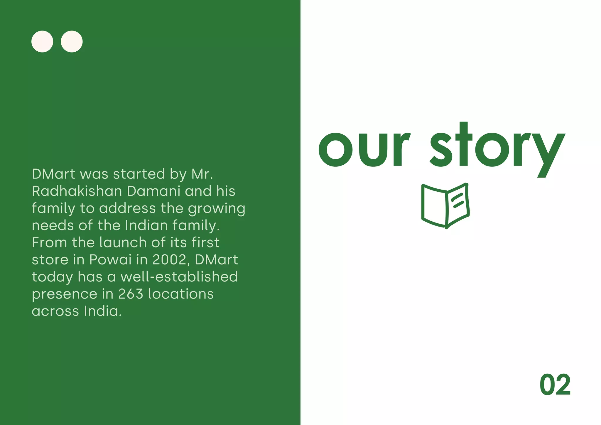 02
our story
DMart was started by Mr.
Radhakishan Damani and his
family to address the growing
needs of the Indian family.
From the launch of its first
store in Powai in 2002, DMart
today has a well-established
presence in 263 locations
across India.
 