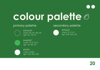 20
colour palette
secondary palette
primary palette
#4eb857
cmyk- 70, 0, 90, 0
rgb- 78, 184, 87
#367639
cmyk- 80, 30, 100, 20
rgb- 54, 118, 57
#fff5eD
cmyk- 0, 3, 5, 0
rgb- 255, 245, 237
#ffffff
cmyk- 0,0,0,0
rgb- 255, 255, 255
 