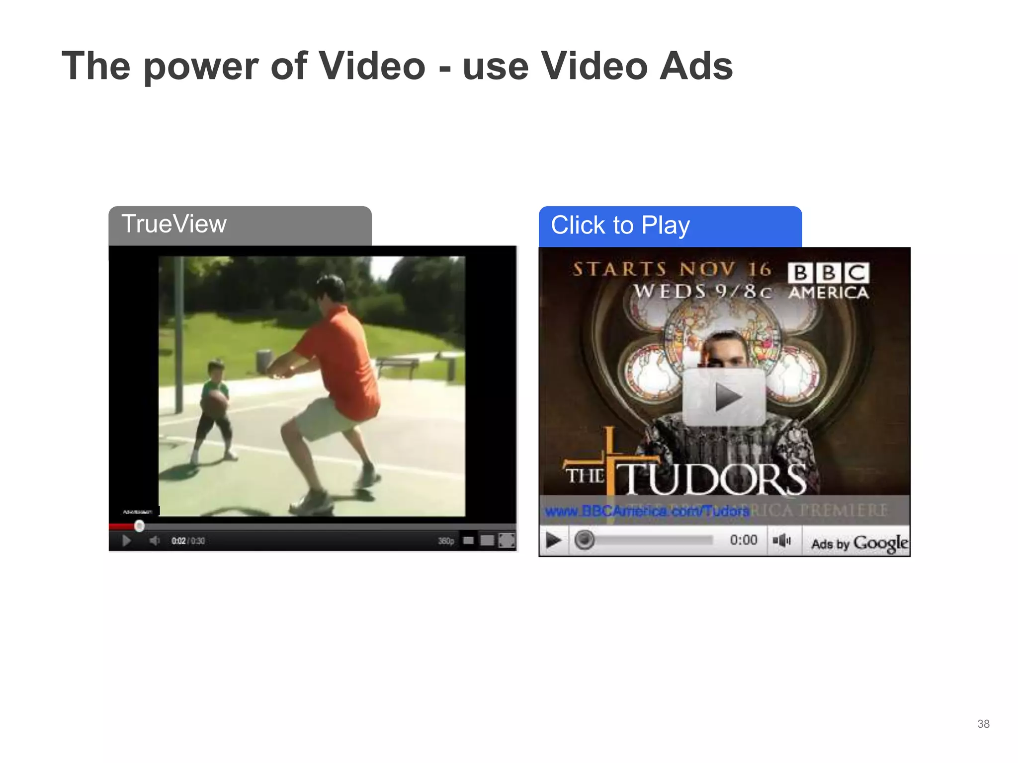 The power of Video - use Video Ads


   TrueView             Click to Play




                                        38
 