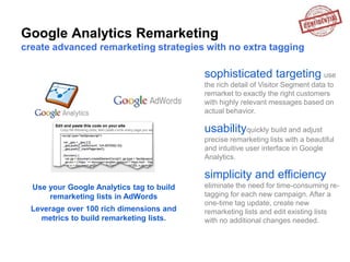 Google Analytics Remarketing
create advanced remarketing strategies with no extra tagging

                                           sophisticated targeting use
                                           the rich detail of Visitor Segment data to
                                           remarket to exactly the right customers
                                           with highly relevant messages based on
                                           actual behavior.

                                           usabilityquickly build and adjust
                                           precise remarketing lists with a beautiful
                                           and intuitive user interface in Google
                                           Analytics.

                                           simplicity and efficiency
  Use your Google Analytics tag to build   eliminate the need for time-consuming re-
      remarketing lists in AdWords         tagging for each new campaign. After a
                                           one-time tag update, create new
  Leverage over 100 rich dimensions and    remarketing lists and edit existing lists
    metrics to build remarketing lists.    with no additional changes needed.
 