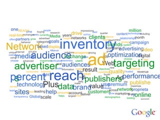 oneREACH
        time                people
                       buying                                     impressions
                                                                            best                               million
                   every currently
                                   research
                                                drive               ooVoo
                                                                                     quarter      content technologies
                                                                                                                     including
real-time  exchanges
                                  Media yearsnetworks
                                        insights                             clients   audience-                month
                                                                                                    relationships
offers partners grow advertiser


             inventory
                                                                                       buying control
                                                                                             user
                                goals
                                                                                           brands campaign
          behavior     categories                                                                     strategy

Network
uniqueInternet   STUDY
                         based display
                                   Alliance                                               great
                                                                                                         system
                                                                                                advertising
                                                                                          company
                                                                                                          video
      audience                                         managemen
                                               solutions       pricing                 bid
                                                                                           optimization
  media
                                                                         ad                              digital
overall
 using         Exchange                                  t         billion             ads
                                                                                                        choices          tags
 choose


  advertiser
             advanced

              audiences
                      result
                                 targeting
                          investment
                             Web        real
                                             awareness
                                  verification


                                         sales
                                                             users

                                             information trading                    objectives
                                                                                               new           contextual
                                quality
 percent reachspublishers performance
              consumers   business                          offer                  capabilities           trusted   revenue
                           right                                 market                 fourth

  s                               Ad
                               premium publishe
                                                                Aim
                                                               daily                                    site
 servedtechnology       Plusdatabrand attributes networkproprieta
                             use            value across
                                                             make
                                                                  maximize
 team
     sites leading helpconsumer timesdeliver
                Reach
                                    account customers marketingr
    transparency Globalscale helps largest
                                                     grow
                                                  demographics
                                                                   ryonline
                                                                buyers
                                                               bidding                                                sponsored
 