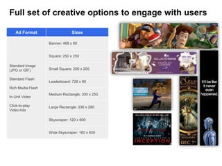 Full set of creative options to engage with users

   Ad Format                    Sizes

                   Banner: 468 x...