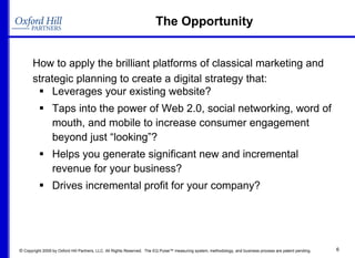 The Opportunity Leverages your existing website? Taps into the power of Web 2.0, social networking, word of mouth, and mobile to increase consumer engagement beyond just “looking”? Helps you generate significant new and incremental revenue for your business? Drives incremental profit for your company? How to apply the brilliant platforms of classical marketing and strategic planning to create a digital strategy that: 