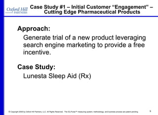 Case Study #1 – Initial Customer “Engagement” –  Cutting Edge Pharmaceutical Products Approach: Generate trial of a new product leveraging search engine marketing to provide a free incentive. Case Study: Lunesta Sleep Aid (Rx) 
