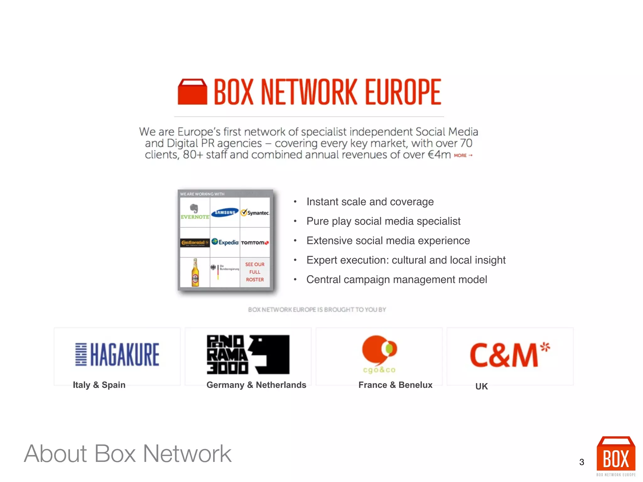 • Instant scale and coverage
                                      • Pure play social media specialist
                                      • Extensive social media experience
                                      • Expert execution: cultural and local insight
                                      • Central campaign management model




    Italy & Spain   Germany & Netherlands           France & Benelux         UK




About Box Network                                                                      3
 