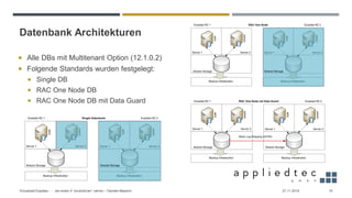 Datenbank Architekturen
27.11.2019Virtualized Exadata - … die ersten 4 “produktiven” Jahren – Daniele Massimi 16
 Alle DBs mit Multitenant Option (12.1.0.2)
 Folgende Standards wurden festgelegt:
 Single DB
 RAC One Node DB
 RAC One Node DB mit Data Guard
 