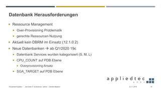 Datenbank Herausforderungen
27.11.2019Virtualized Exadata - … die ersten 4 “produktiven” Jahren – Daniele Massimi 19
 Ressource Management
 Over-Provisioning Problematik
 gerechte Ressourcen Nutzung
 Aktuell kein DBRM im Einsatz (12.1.0.2)
 Neue Datenbanken → ab Q1/2020 19c
 Datenbank Services wurden kategorisiert (S, M, L)
 CPU_COUNT auf PDB Ebene
 Overprovisioning Ansatz
 SGA_TARGET auf PDB Ebene
 