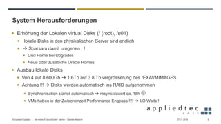System Herausforderungen
27.11.2019Virtualized Exadata - … die ersten 4 “produktiven” Jahren – Daniele Massimi 8
 Erhöhung der Lokalen virtual Disks (/ (root), /u01)
 lokale Disks in den physikalischen Server sind endlich
 → Sparsam damit umgehen !
 Grid Home bei Upgrades
 Neue oder zusätliche Oracle Homes
 Ausbau lokale Disks
 Von 4 auf 8 600Gb → 1.6Tb auf 3.8 Tb vergrösserung des /EXAVMIMAGES
 Achtung !!! → Disks werden automatisch ins RAID aufgenommen
 Synchronisation startet automatisch → resync dauert ca. 18h 
 VMs haben in der Zwischenzeit Performance Engpass !!! → I/O Waits !
 