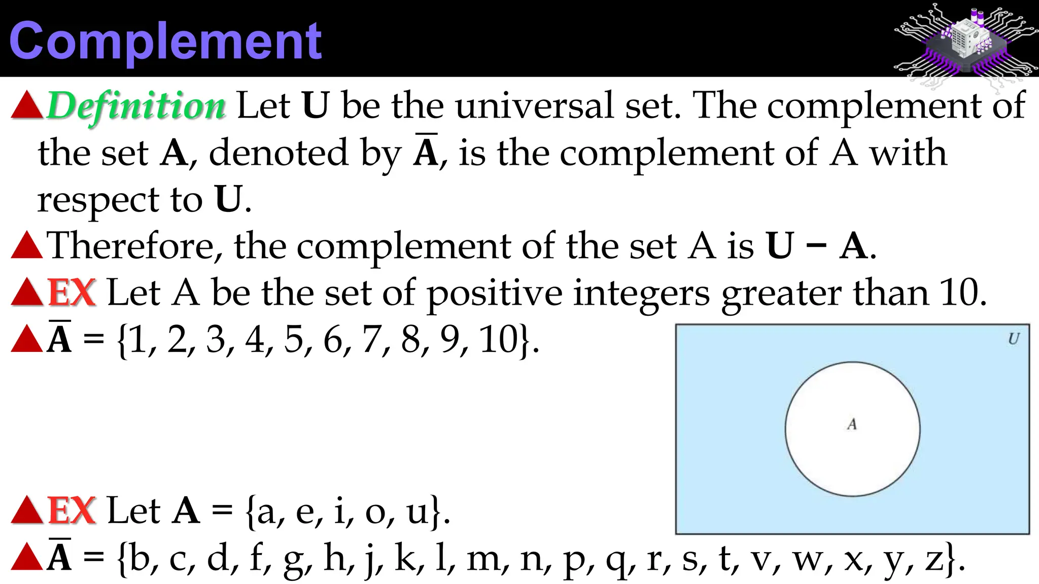 Definition Let U be the universal set. The complement of
the set A, denoted by 𝐀, is the complement of A with
respect to U.
Therefore, the complement of the set A is U − A.
EX Let A be the set of positive integers greater than 10.
𝐀 = {1, 2, 3, 4, 5, 6, 7, 8, 9, 10}.
EX Let A = {a, e, i, o, u}.
𝐀 = {b, c, d, f, g, h, j, k, l, m, n, p, q, r, s, t, v, w, x, y, z}.
Complement
 