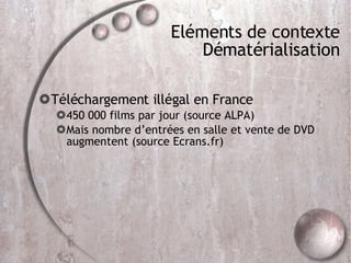 Eléments de contexte Dématérialisation Téléchargement illégal en France 450 000 films par jour (source ALPA)‏ Mais nombre d’entrées en salle et vente de DVD augmentent (source Ecrans.fr)  