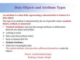 Data Objects and Attribute Types
An attribute is a data field, representing a characteristic or feature of a
data object.
The type of an attribute is determined by the set of possible values: nominal,
binary, ordinal, or numerical
• Nominal Attributes only provide enough attributes to differentiate
between one object and another.
 -relating to name
 Hair-color{brown,black,white}
• Such as Student Roll No.
• Ordinal Attribute:
• Value have meaningful order.
The ordinal attribute value provides sufficient information to order the
objects.
Piazza={small,medium,large}
Rankings, Grades, Height
 