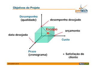Objetivos do Projeto


                    Desempenho
                    (qualidade)         desempenho desejado


                                    Escopo       orçamento
data d
d t desejada
        j d
                                               Custo



                         Prazo
                         (cronograma)          + Satisfação do
                                                   cliente

www.pmtech.com.br
 