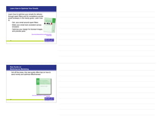 Learn How to Optimize Your Emails
Learn how to optimize your emails for delivery
through spam filters and for consistency across
email browsers in this handy guide. Learn how
to:
– Get your email around spam filters
– Make your email look consistent across
browsers
– Optimize your design for blocked images
and preview pane
http://www.BeasleyDirect.com/Email-Audit-
Guide.html
57
New Guide on
Multichannel Marketing
Hot off the press, this new guide offers tips on how to
save money and optimize effectiveness
http://www.BeasleyDirect.com/Multi-Channel-
Marketing
58
 