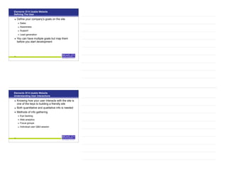 Elements Of A Usable Website
Defining The User
• Define your company’s goals on the site
• Sales
• Awareness
• Support
• Lead generation
• You can have multiple goals but map them
before you start development
13
Elements Of A Usable Website
Understanding User Interactions
• Knowing how your user interacts with the site is
one of the keys to building a friendly site
• Both quantitative and qualitative info is needed
• Methods of info gathering
• Eye tracking
• Web analytics
• Focus groups
• Individual user Q&A session
14
 