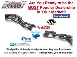 Are You Ready to be the
                       MOST Popular Dealership
                           in Your Market?




 The definition of insanity is doing the same thing over & over again
and expecting the different results- Change how you do business
 
