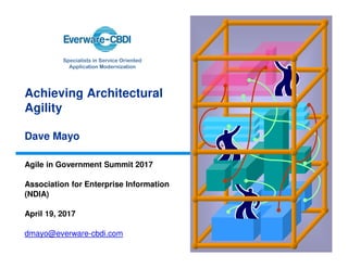 Specialists in Service Oriented
Application Modernization
Achieving Architectural
Agility
Dave Mayo
Agile in Government Summit 2017
Association for Enterprise Information
(NDIA)
April 19, 2017
dmayo@everware-cbdi.com
 