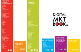 AGENCIAS
DIGITALES Y                                      MEDIOS
DE PUBLICIDAD                                    DIGITALES
ADP.MX                                           .Fox
Activ@Mente
                                                 Animal Político
Alcance MG
                                                 Antevenio
Arc
                                                 Autocosmos
Ariadna
                                                 Azteca Internet
Campus Marketing
                                                 Bbmundo
Central Media
                                                 BuscaPe
Clarus Digital
                                                 CanalMail
Codice
Creactive                                        Centro
Creatika Media Group                             CIE
CrossMedia                                       Discovery
DDB México                                       Disney
Denumeris Interactive                            Dridco
Di Paola Márquez                                 El Palacio de Hierro
Draftfcb                                         El Universal
Eisei Media                                      Glamout
Elogia                                           Google
E-volution                                       Grupo Acir
Gelatina                                         Grupo Expansión
Globalmind                                       Grupo Fórmula
Glue                                             HotWords
Grupo Ferrer                                     IASA Comunicación
Grupo PV                                         Lucini & Lucini Communications
Grupo W                                          Masaryk.TV
IA Interactive                                   Medios Masivos
Ingenia Group                                    Mercado Libre
iyess                                            MiideaSpace
Kansei Lab                                       Mixplay
KTC
                                                 Multimedios Milenio
Latin3
                                                 Myspace
Lead2Action
                                                 NRM Comunicaciones
Lunave
                                                 OCC Mundial
Mediagency
                                                 Prodigy MSN
Ogilvy Interactive
                                                 Psicofxp.com
Olabuenaga Chemistri
                                                 Publímetro
Pauta Creativa
                                                 Quiminet
Playful Interactive
Promolatina Interactive                          Readers Digest                                                EMPRESAS DE
Proximity                                        Sfera Editores                                                CONSULTORÍA E
Publicidad en Línea
Rancho Digital
                                                 Sonico
                                                 Televisa Digital                 AD NETWORKS                  INVESTIGACIÓN          EMPRESAS DE
Razorfish                                        Televisa Radio                                                DE MERCADO             TECNOLOGÍA
                                                 Terra                            DreamAd
Residencia
Resultics                 AGENCIAS               The Happening                    Ergos                        Certifica / Comscore
                                                                                                               IBOPE AGB México
                                                                                                                                      2ergo
                                                                                                                                      E-Planning
Substance
T2O
                          DE MEDIOS              Universia
                                                 Univisión
                                                                                  GMS Digital
                                                                                  Harrenmedia                  MillwardBrown          MediaMind
                                                                                  Orange Advertising Network   Nielsen                Monster.com.mx
Tequila Digital           Carat                  Vanguardia
                                                                                  Planetup Ads                 PWC                    NicMX
WebAr                     Havas Digital          We are Hunted
                                                                                  Smowtion                                            Ooyala

                                         60-65
                          Initiative

                                                                                                                      123-127
Wunderman                                        Yahoo!


                                                         66-115                                                                             128-134
                                                                                                                                      RIM


                 6-59                                                                      116-122
                          Mindshare
                          Starcom
                          Universal McCann
 