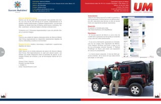 Especialidad: Agencia de Medios                                                                                               Especialidad: Agencia de Medios
                          Dirección: Bosque de Duraznos 65 1er piso, Bosques de las Lomas, México, D.F.   Dirección:Montes Urales 750, PB. Col. Lomasde Chapultepec. 11000, México, D.F.
                          Teléfono: (55) 5246-5858                                                                                                           Teléfono: 52 (55) 5351-8500
                          Contacto: Guillermo Abud                                                                                                                Contacto: Pilar Giraldo
                          E-mail: guillermo.abud@starcom.com.mx                                                                                          E-mail: pilar.giraldo@umww.com
                          Sitio Web: www.starcom.com.mx                                                                                                       Sitio Web: www.umww.com



                                                                                                               Antecedentes
     Starcom MediaVest Group                                                                                   Jeep es una marca que se ha vuelto un genérico y
     Somos uno de los grupo de comunicación más grandes del mun-                                               que ha generado muchos fans en los últimos años,
     do; con una red de 100 oficinas en 67 países. Especializado en la                                         por ello, Jeep tenía que fabricar un sitio en donde
     gestión medios tradicionales y digitales integralmente. Los servicios                                     todos sus seguidores pudieran expresarse.
     digitales va desde planning & Buying, performance marketing, mo-
     bile, creatividad, contenido digital y branded entertainment.                                             Desarrollo
                                                                                                               Se generó un fansite para Jeep.
     Contamos con 2 divisiones especializadas lo que nos permite ofre-                                         http://www.facebook.com/JeepMexico
     cer un servicio integral.
                                                                                                               Resultados
     Pixel.                                                                                                    • El fansite generó de Marzo a Junio más de
     Pixel es una unidad de negocio dedicada dentro de Starcom Media-                                          10,000 fans o personas que les gusta el contenido
     Vest Group especializada en desarrollar experiencias digitales de                                         y tuvo más de 5,000 interacciones.
     marca, enfocadas a cautivar al consumidor.
                                                                                                               • A raíz de la información generada en el fansite,
     Nuestra fórmula; medios + tecnología + creatividad = experiencias                                         uno de los clubes más importante de México:
     digitales de marca.                                                                                       “Club Radical Off-Road 4x4”invitó a Jeep a uno
                                                                                                               de sus principales eventos llamado “V Radical
     SMG Search.                                                                                               Challenge” en Taxco, para tener una exposición
     SMG Search es la unidad dedicada de search de Starcom Media-                                              de marca sin precedentes.
64   Vest Group. Nos especializamos en paid and natural search, con                                                                                                                         65
                                                                                                                                                                                            5
     énfasis una fluida integración entre la actividad de search, la es-                                       • La marca estuvo expuesta a más de 2000 per-
     trategia holística de contacto y uso de tecnologías líderes de la in-                                     sonas amantes de la marca sin que Jeep tuviera
     dustria.                                                                                                  que pagar un solo peso.

     Director Pixel y Search:
     Ricardo Carvajal Korbel
     t. 52468114
     email. ricardo@pixel-la.com
 