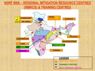 NDRF BNS – REGIONAL MITIGATION RESOURCE CENTRES
(RMRCS) & TRAINING CENTRES
NDRF BNs/ RMRCs
TRAINING CENTRES
APEX TRAINING CENTRE
LEGEND
CHANDIGARH
GR. NOIDA
½
Bn
Each
GANDHINAGAR
PUNE
BHUBANESHWAR
KOLKATA
GUWAHATI
PATNA (SSB)
½ Bn
NAGPUR
LATUR
CHENNAI
HYDERABAD
 