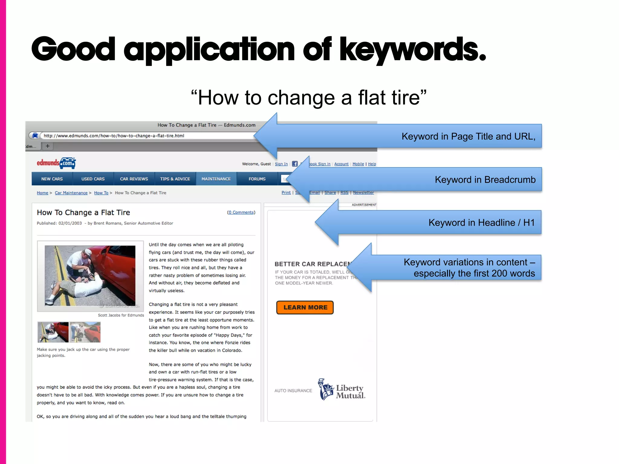 Good application of keywords.
          “How to change a flat tire”
                                  Keyword in Page Title and URL,



                                         Keyword in Breadcrumb



                                        Keyword in Headline / H1



                                  Keyword variations in content –
                                    especially the first 200 words
 