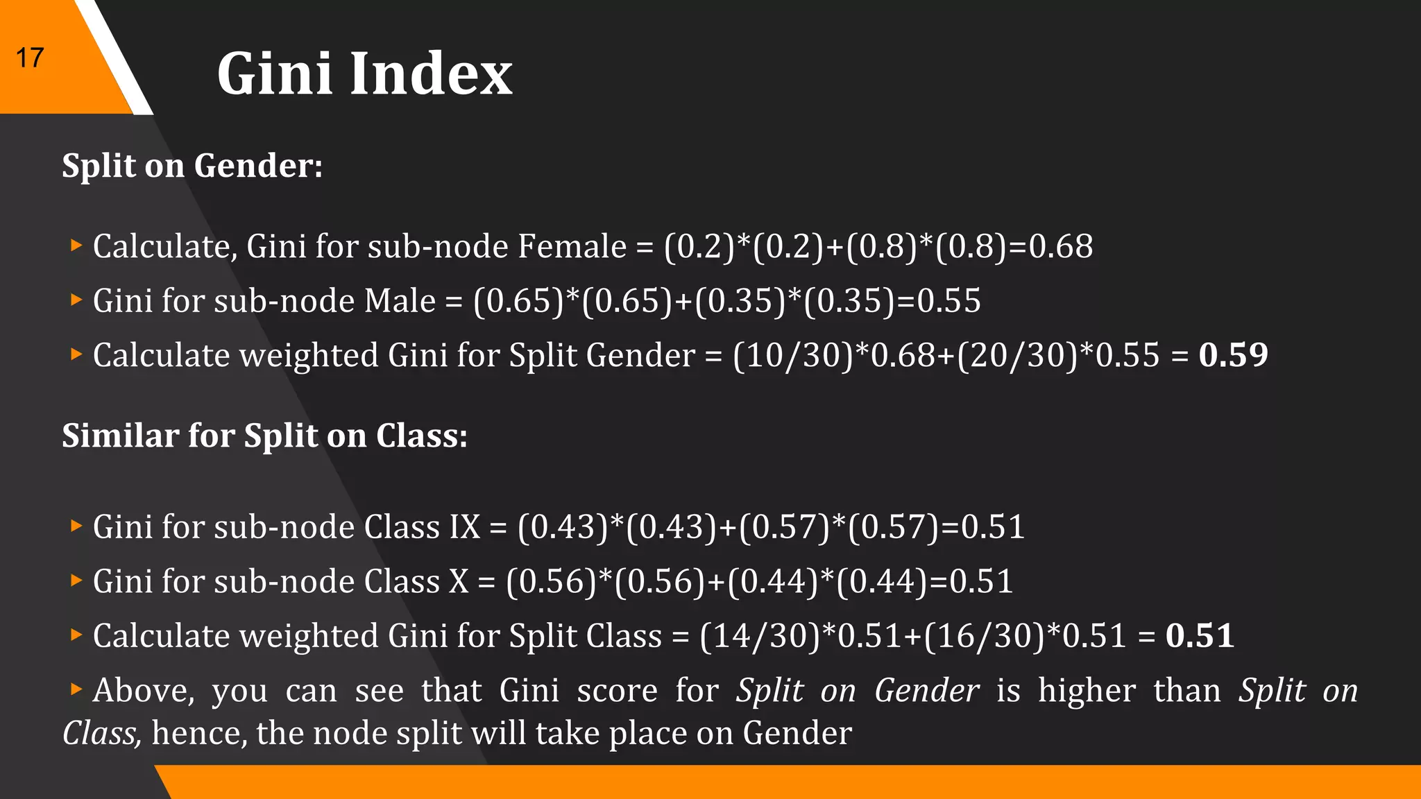 Gini Index
Split on Gender:
▸Calculate, Gini for sub-node Female = (0.2)*(0.2)+(0.8)*(0.8)=0.68
▸Gini for sub-node Male = (0.65)*(0.65)+(0.35)*(0.35)=0.55
▸Calculate weighted Gini for Split Gender = (10/30)*0.68+(20/30)*0.55 = 0.59
Similar for Split on Class:
▸Gini for sub-node Class IX = (0.43)*(0.43)+(0.57)*(0.57)=0.51
▸Gini for sub-node Class X = (0.56)*(0.56)+(0.44)*(0.44)=0.51
▸Calculate weighted Gini for Split Class = (14/30)*0.51+(16/30)*0.51 = 0.51
▸Above, you can see that Gini score for Split on Gender is higher than Split on
Class, hence, the node split will take place on Gender
17
 