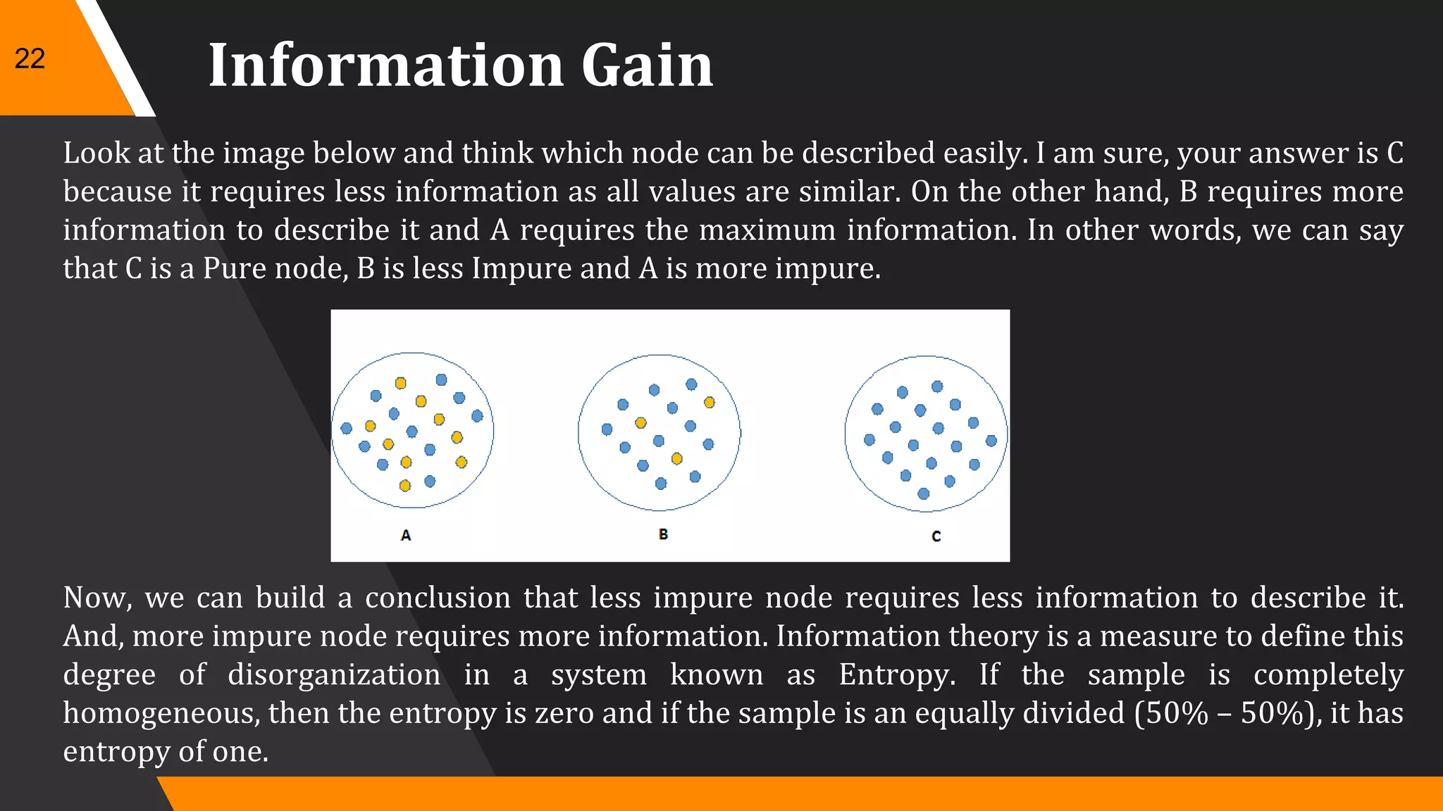 Information Gain
Look at the image below and think which node can be described easily. I am sure, your answer is C
because it requires less information as all values are similar. On the other hand, B requires more
information to describe it and A requires the maximum information. In other words, we can say
that C is a Pure node, B is less Impure and A is more impure.
Now, we can build a conclusion that less impure node requires less information to describe it.
And, more impure node requires more information. Information theory is a measure to define this
degree of disorganization in a system known as Entropy. If the sample is completely
homogeneous, then the entropy is zero and if the sample is an equally divided (50% – 50%), it has
entropy of one.
22
 