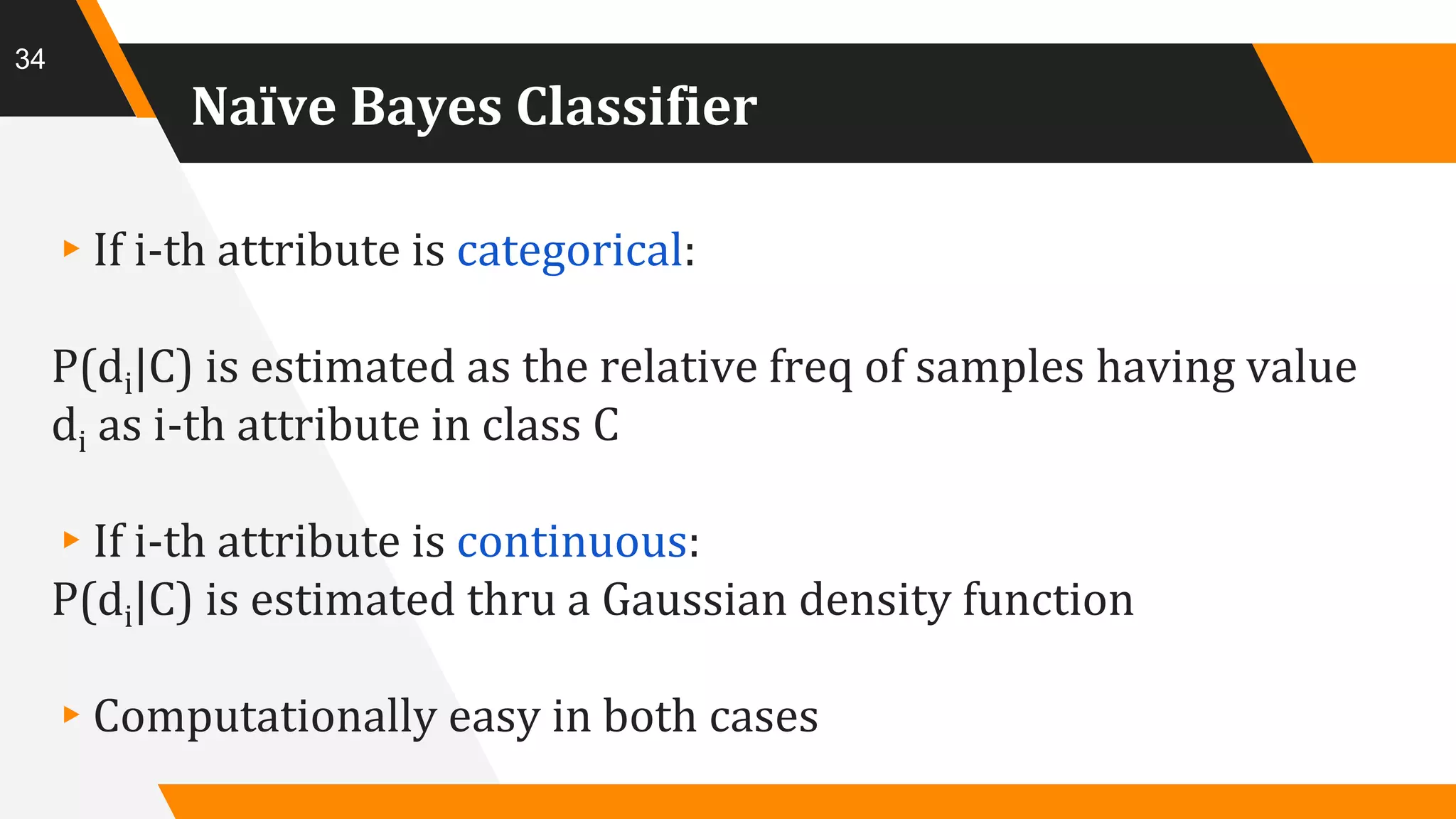 Naïve Bayes Classifier
▸If i-th attribute is categorical:
P(di|C) is estimated as the relative freq of samples having value
di as i-th attribute in class C
▸If i-th attribute is continuous:
P(di|C) is estimated thru a Gaussian density function
▸Computationally easy in both cases
34
 